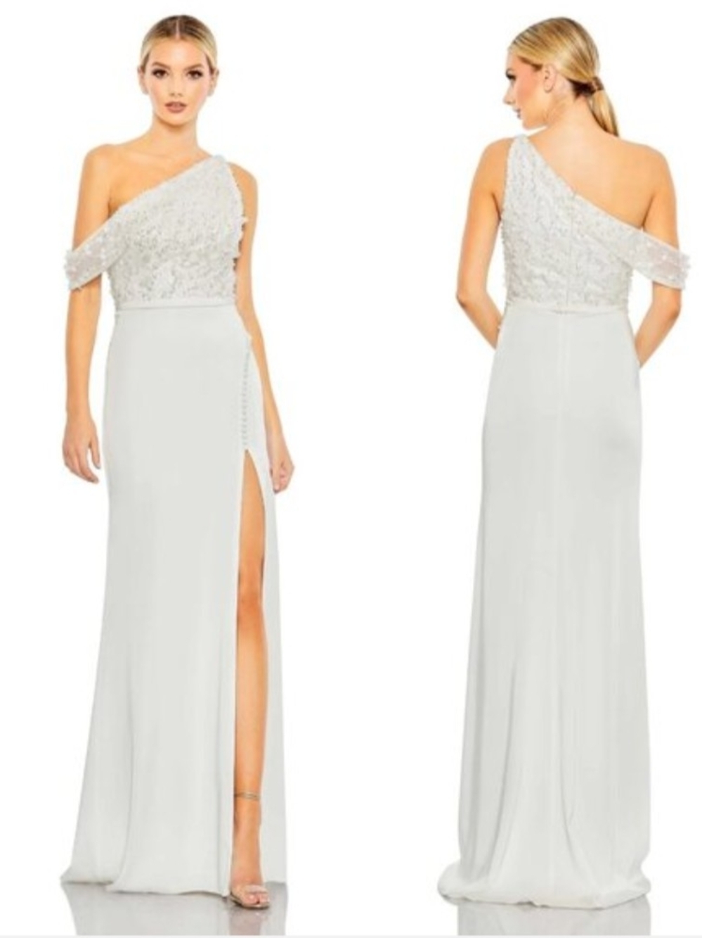 One-Shoulder White Evening Gown with Beaded Bodice